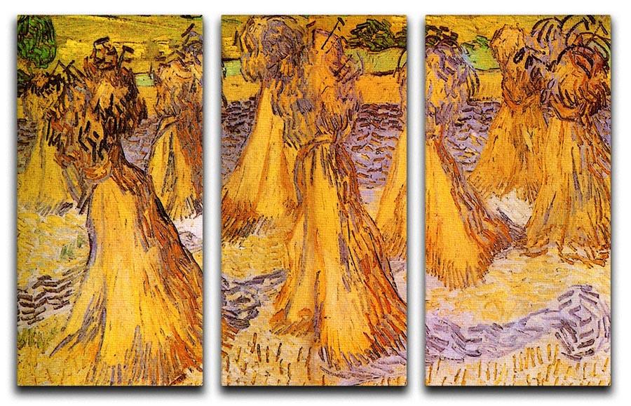 Three-panel canvas print of Van Gogh's Field with Stacks of Wheat, showcasing vibrant colors and intricate details.