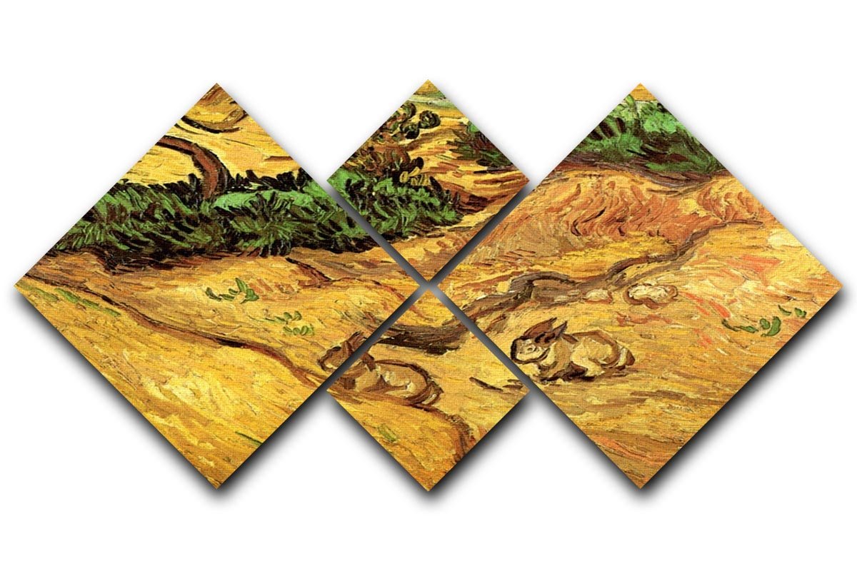 A 4-square multi-panel canvas featuring Van Gogh's Field with Two Rabbits, showcasing vibrant colors and intricate details of the artwork.