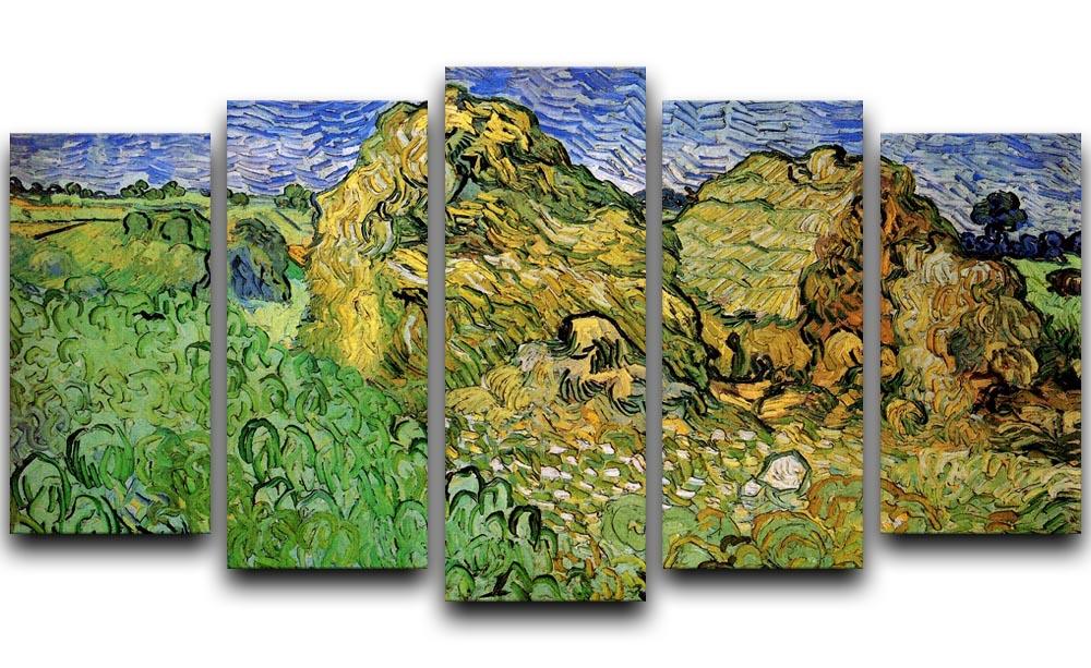 A beautiful 5-split panel canvas artwork featuring Van Gogh's Field with Wheat Stacks, showcasing vibrant colors and intricate details.