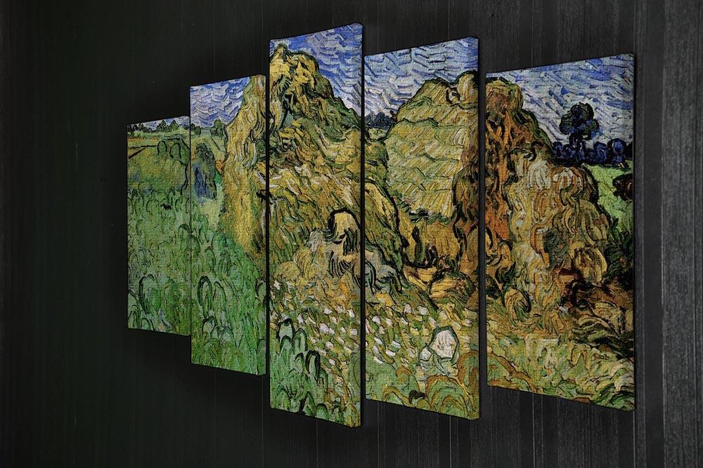 A beautiful 5-split panel canvas artwork featuring Van Gogh's Field with Wheat Stacks, showcasing vibrant colors and intricate details.