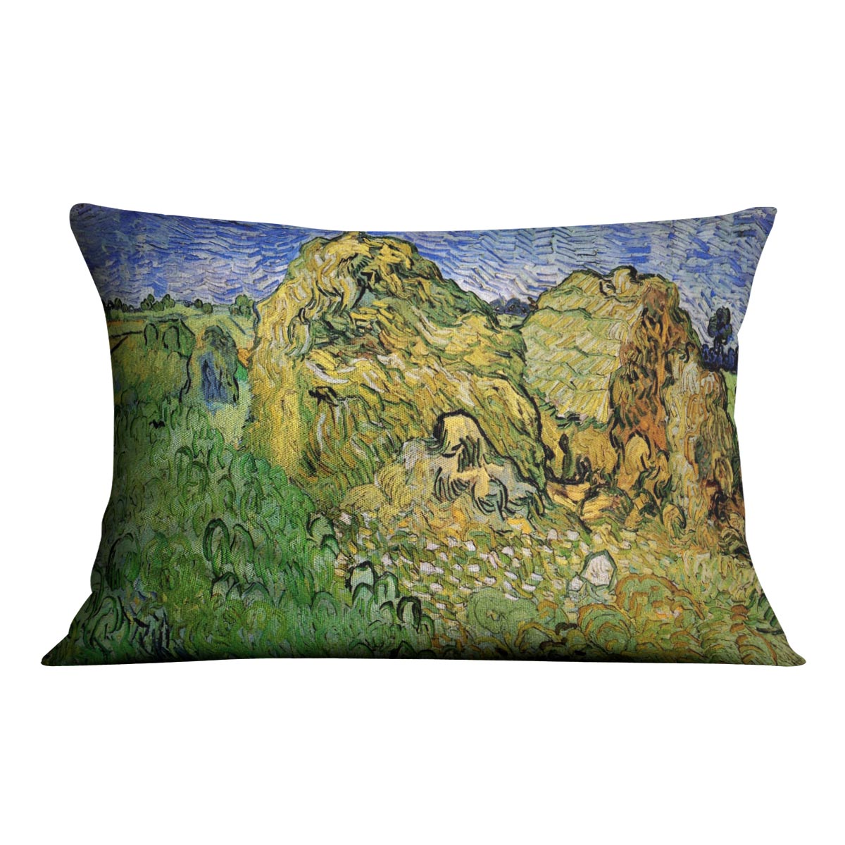 Field with Wheat Stacks by Van Gogh Cushion featuring vibrant colors and luxurious faux suede fabric.