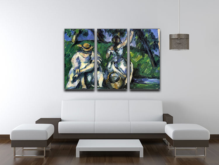 Three-panel canvas print featuring Cezanne's figures, showcasing vibrant colors and intricate details.