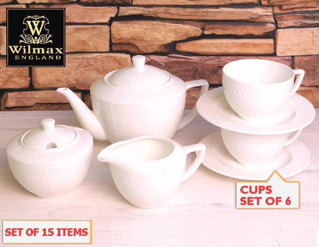 Fine Julia 15 Piece Afternoon Tea Set featuring elegant porcelain teacups, saucers, a teapot, sugar bowl, and creamer.