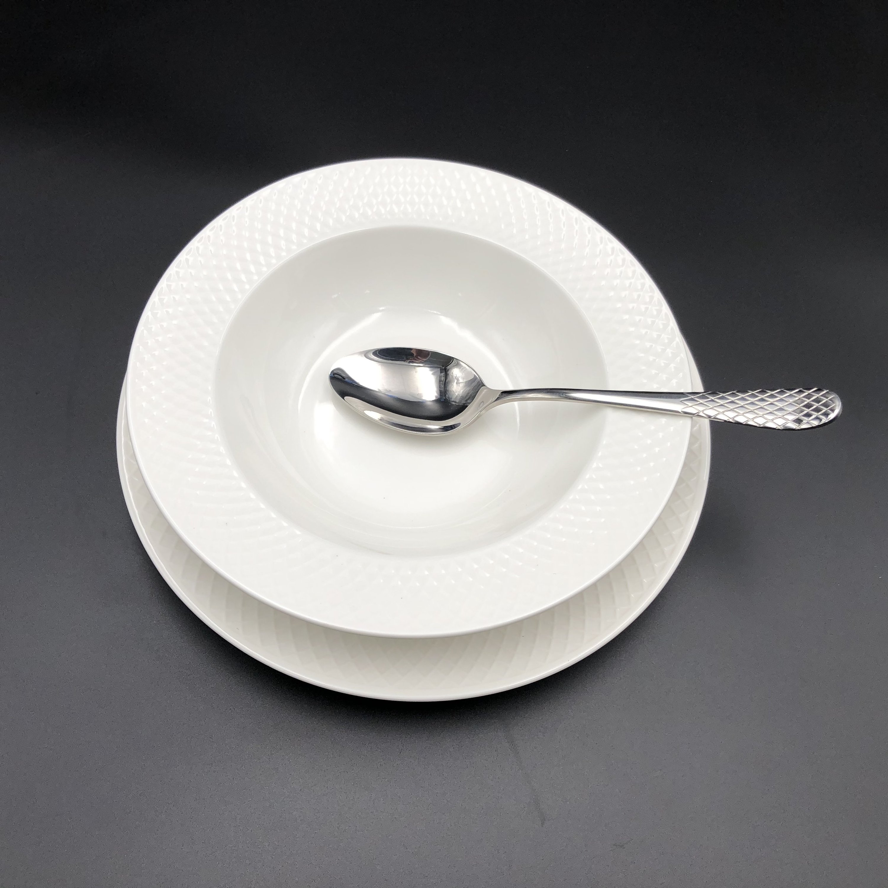 Fine Julia Porcelain Deep Plate Dinnerware Set for 6, featuring elegant herringbone design, includes deep soup plates and dinner plates.