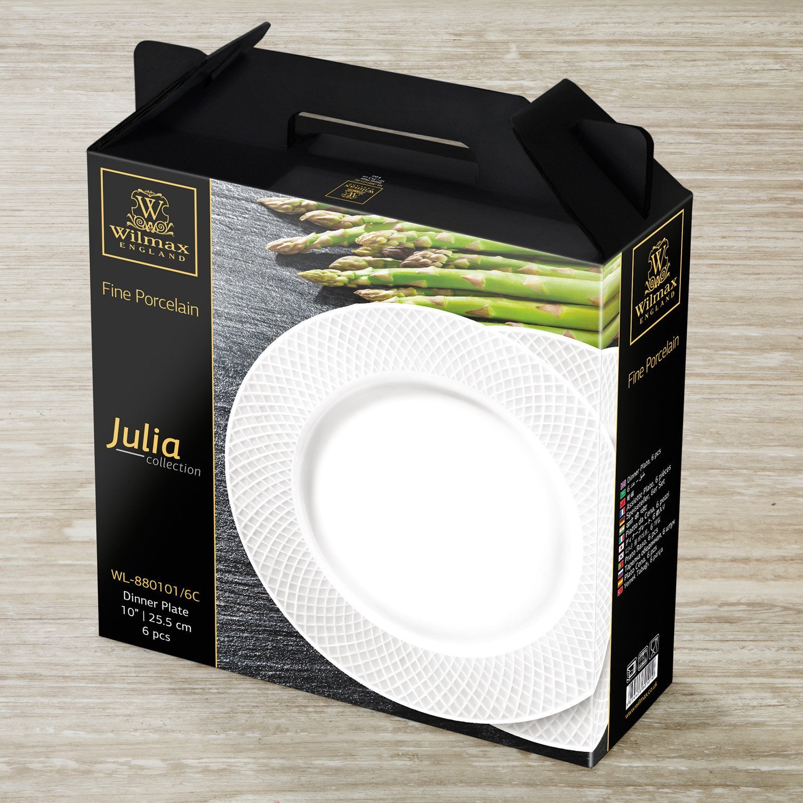 Fine Julia Porcelain Deep Plate Dinnerware Set for 6, featuring elegant herringbone design, includes deep soup plates and dinner plates.