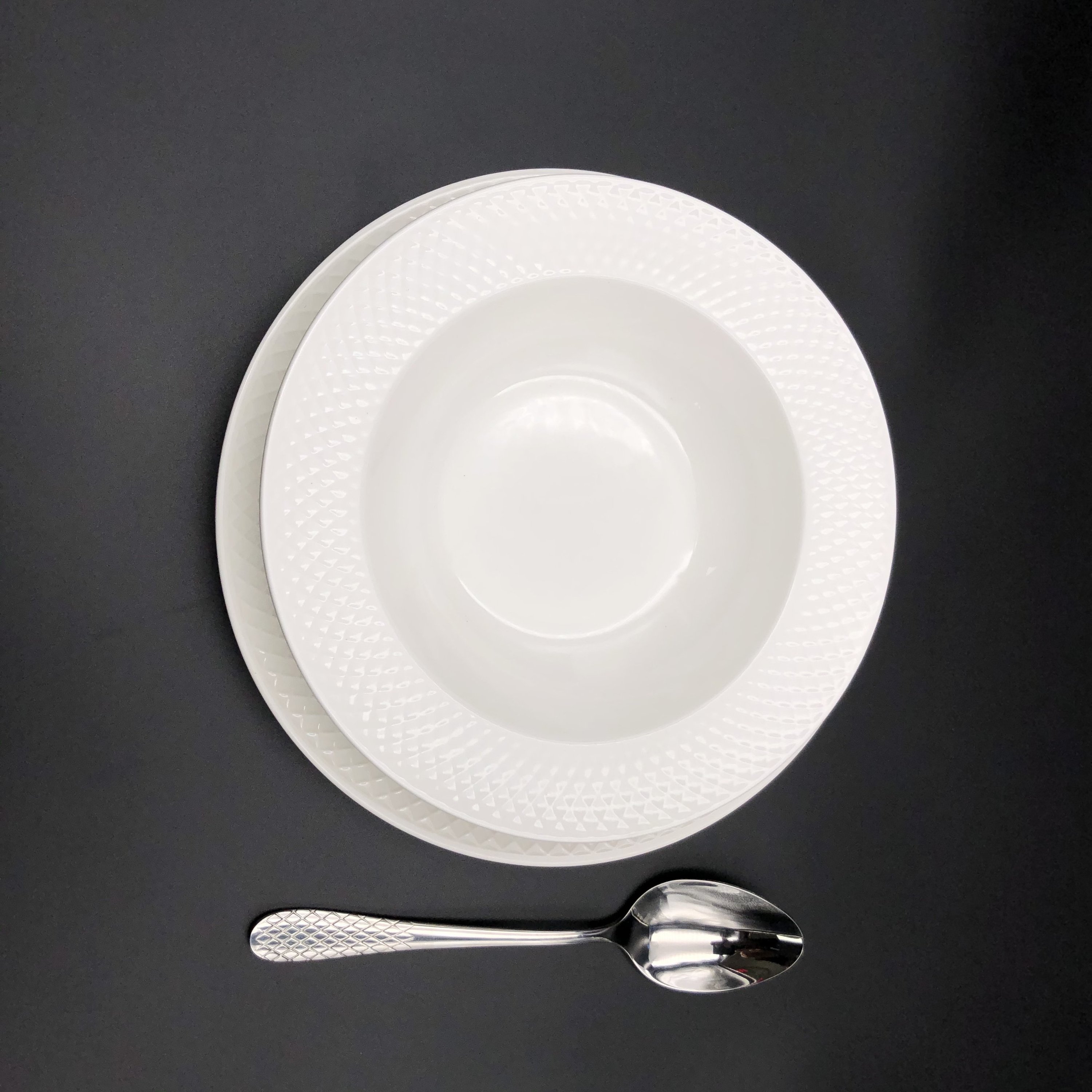 Fine Julia Porcelain Deep Plate Dinnerware Set for 6, featuring elegant herringbone design, includes deep soup plates and dinner plates.