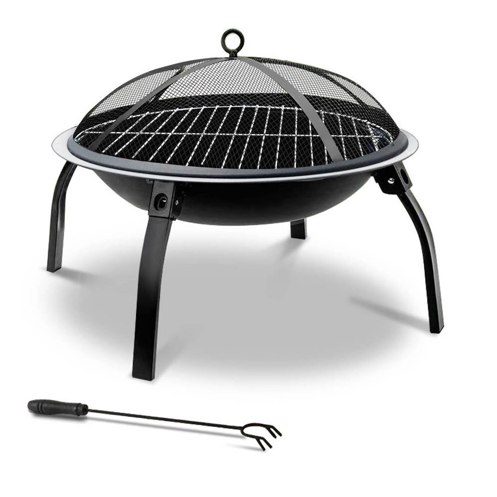 Portable Fire Pit BBQ Charcoal Smoker with a sturdy steel frame, foldable design, and grill plate, ideal for outdoor cooking and warmth.