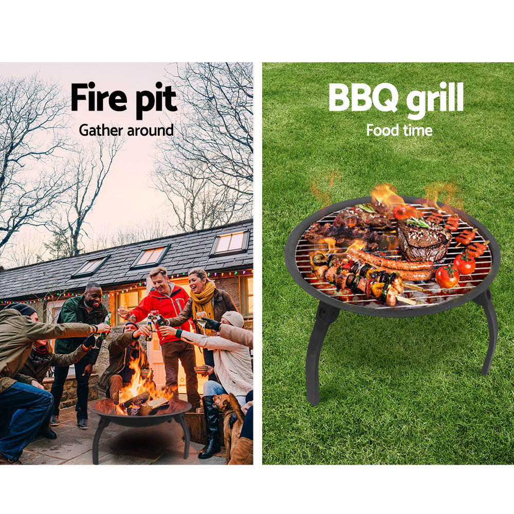 Portable Fire Pit BBQ Charcoal Smoker with a sturdy steel frame, foldable design, and grill plate, ideal for outdoor cooking and warmth.