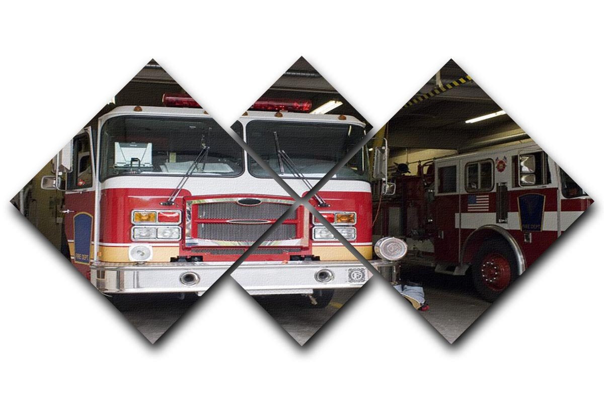 Fire Truck 4 Square Multi Panel Canvas artwork featuring a vibrant fire truck design divided into four equal panels.