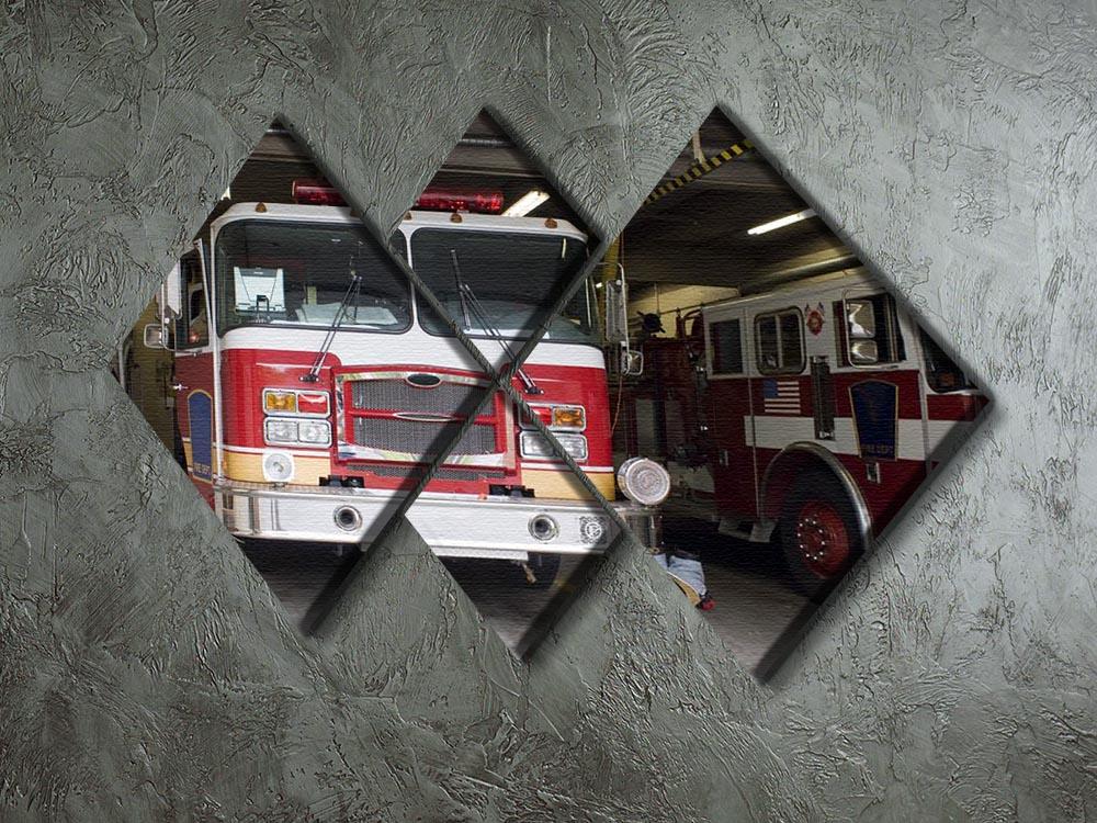 Fire Truck 4 Square Multi Panel Canvas artwork featuring a vibrant fire truck design divided into four equal panels.