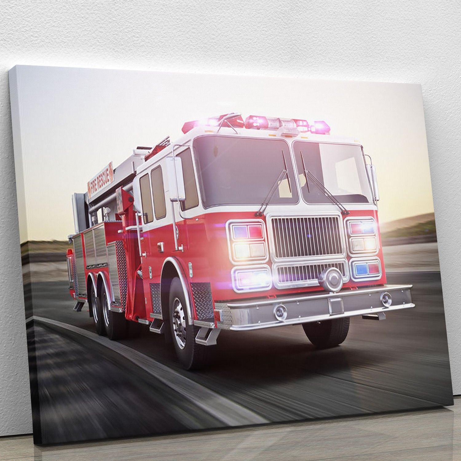 A vibrant canvas print of a fire truck with flashing lights and sirens, showcasing its dynamic action and emergency response theme.