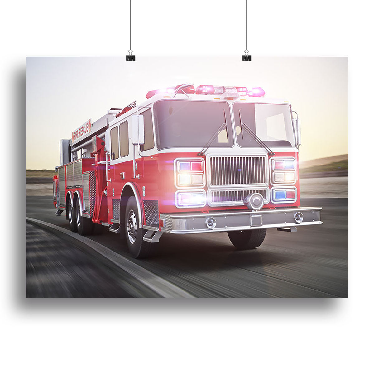 A vibrant canvas print of a fire truck with flashing lights and sirens, showcasing its dynamic action and emergency response theme.