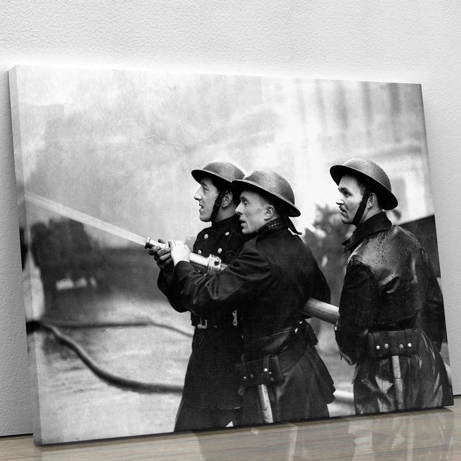 Canvas print depicting firefighters in London after air raids, showcasing bravery and resilience in a historical context.