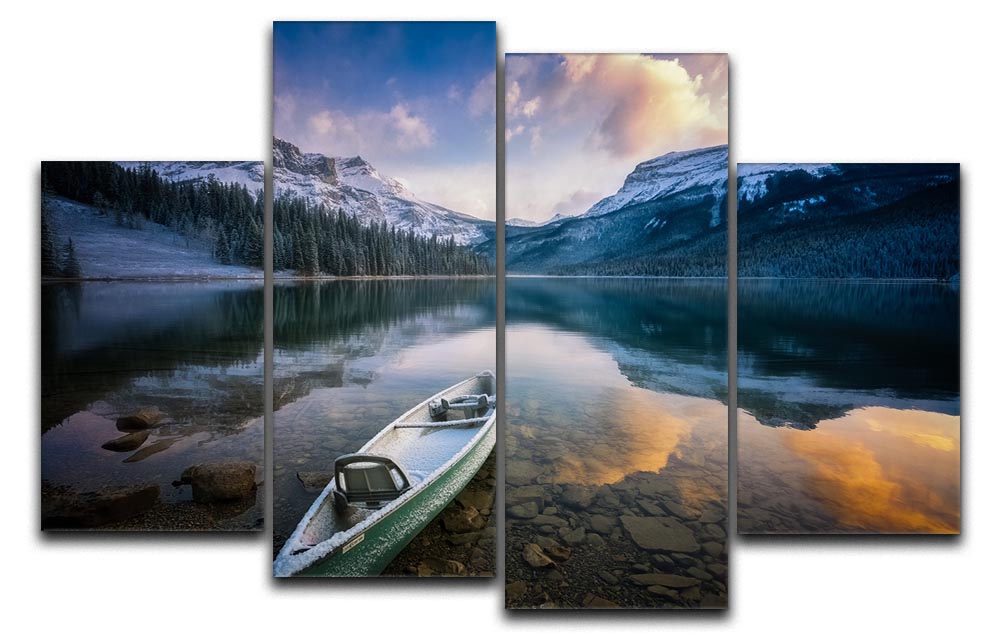 First Snow Emerald Lake 4 Split Panel Canvas showcasing a serene winter landscape divided into four panels, enhancing any decor.