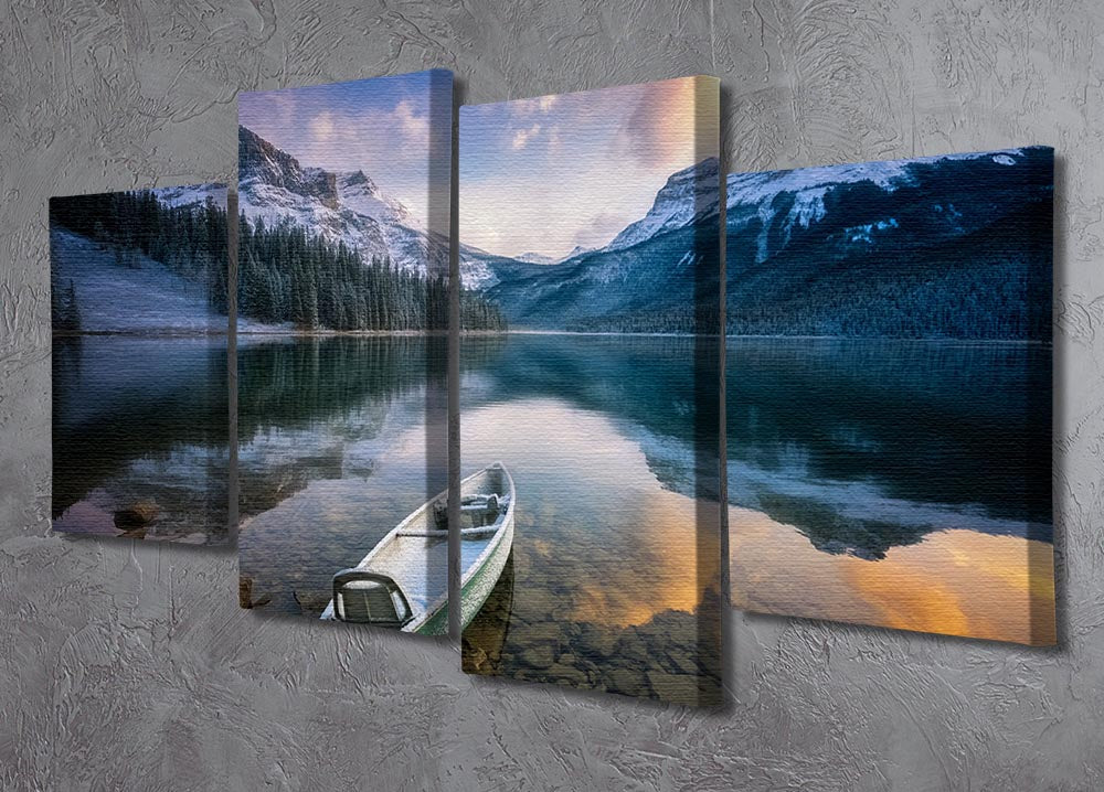 First Snow Emerald Lake 4 Split Panel Canvas showcasing a serene winter landscape divided into four panels, enhancing any decor.