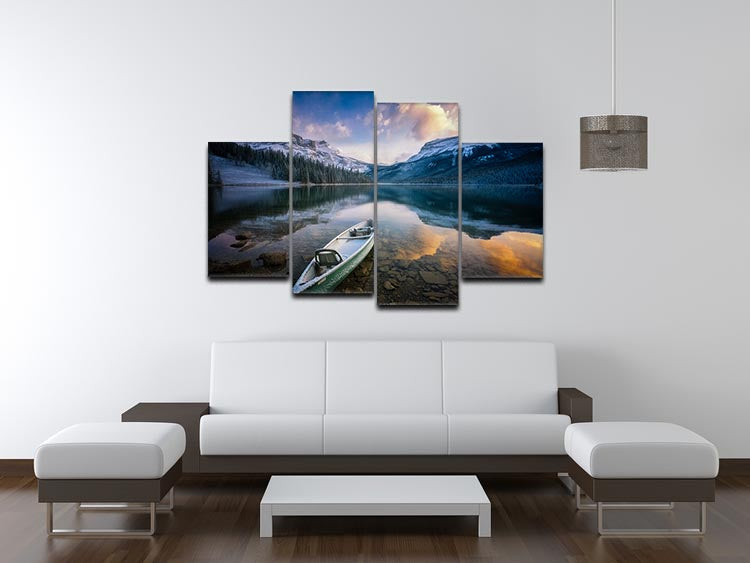 First Snow Emerald Lake 4 Split Panel Canvas showcasing a serene winter landscape divided into four panels, enhancing any decor.