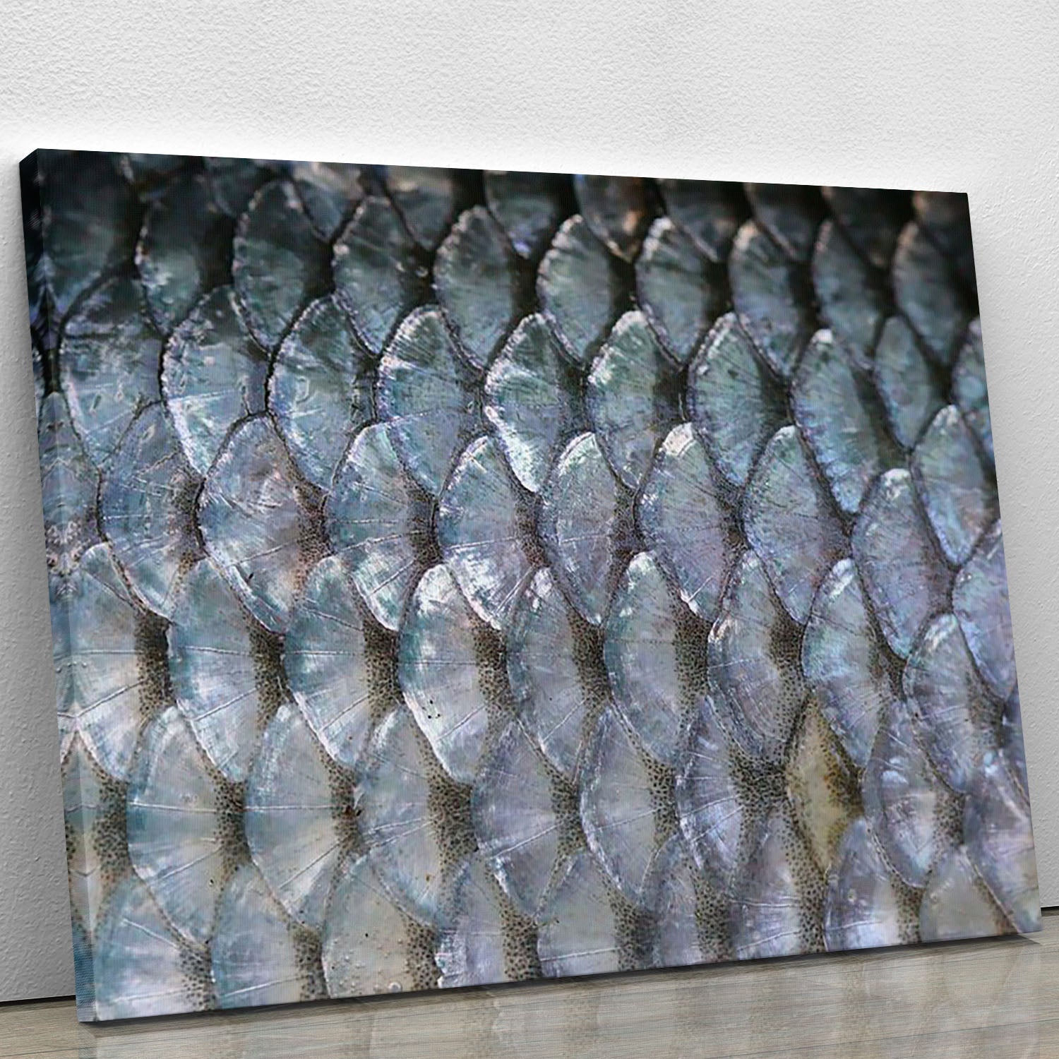 A beautiful canvas print featuring intricate fish scales design, showcasing vibrant colors and detailed textures.
