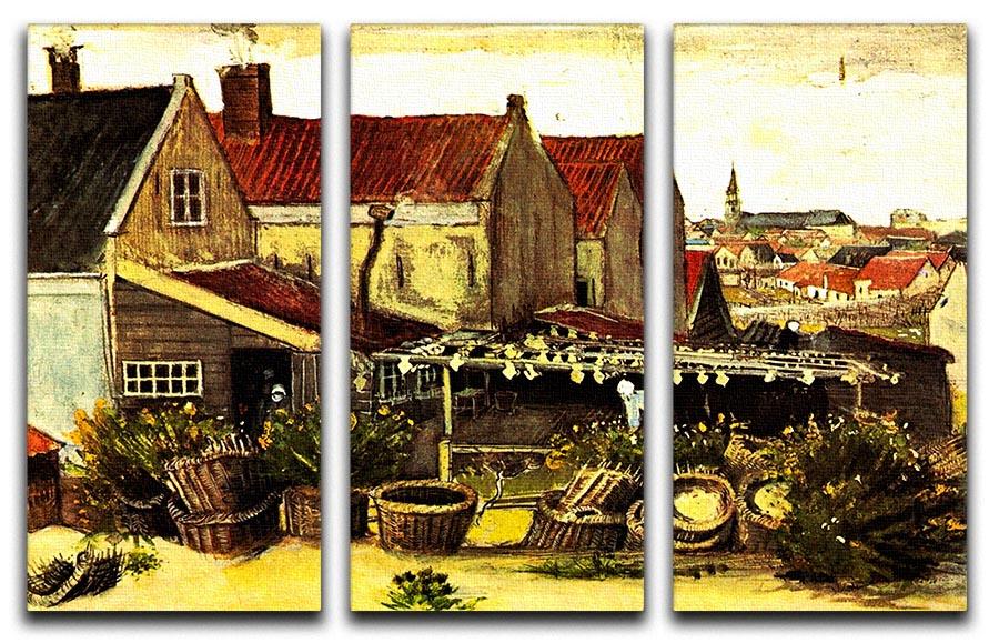 Three-panel canvas print of Van Gogh's Fish-Drying Barn, showcasing vibrant colors and intricate details.