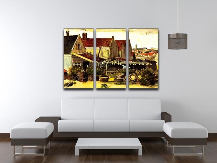 Three-panel canvas print of Van Gogh's Fish-Drying Barn, showcasing vibrant colors and intricate details.