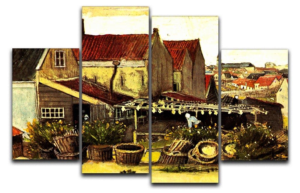 A 4-split canvas artwork featuring Van Gogh's Fish-Drying Barn, showcasing vibrant colors and intricate details across four panels.
