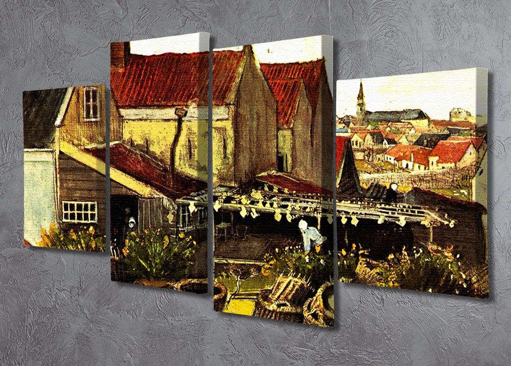 A 4-split canvas artwork featuring Van Gogh's Fish-Drying Barn, showcasing vibrant colors and intricate details across four panels.