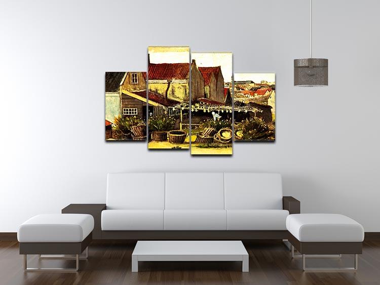 A 4-split canvas artwork featuring Van Gogh's Fish-Drying Barn, showcasing vibrant colors and intricate details across four panels.