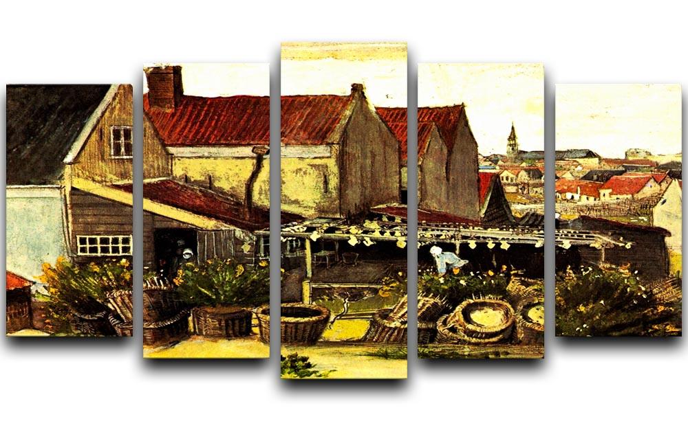 A vibrant 5-split panel canvas artwork featuring Van Gogh's Fish-Drying Barn, showcasing dynamic colors and brushwork.