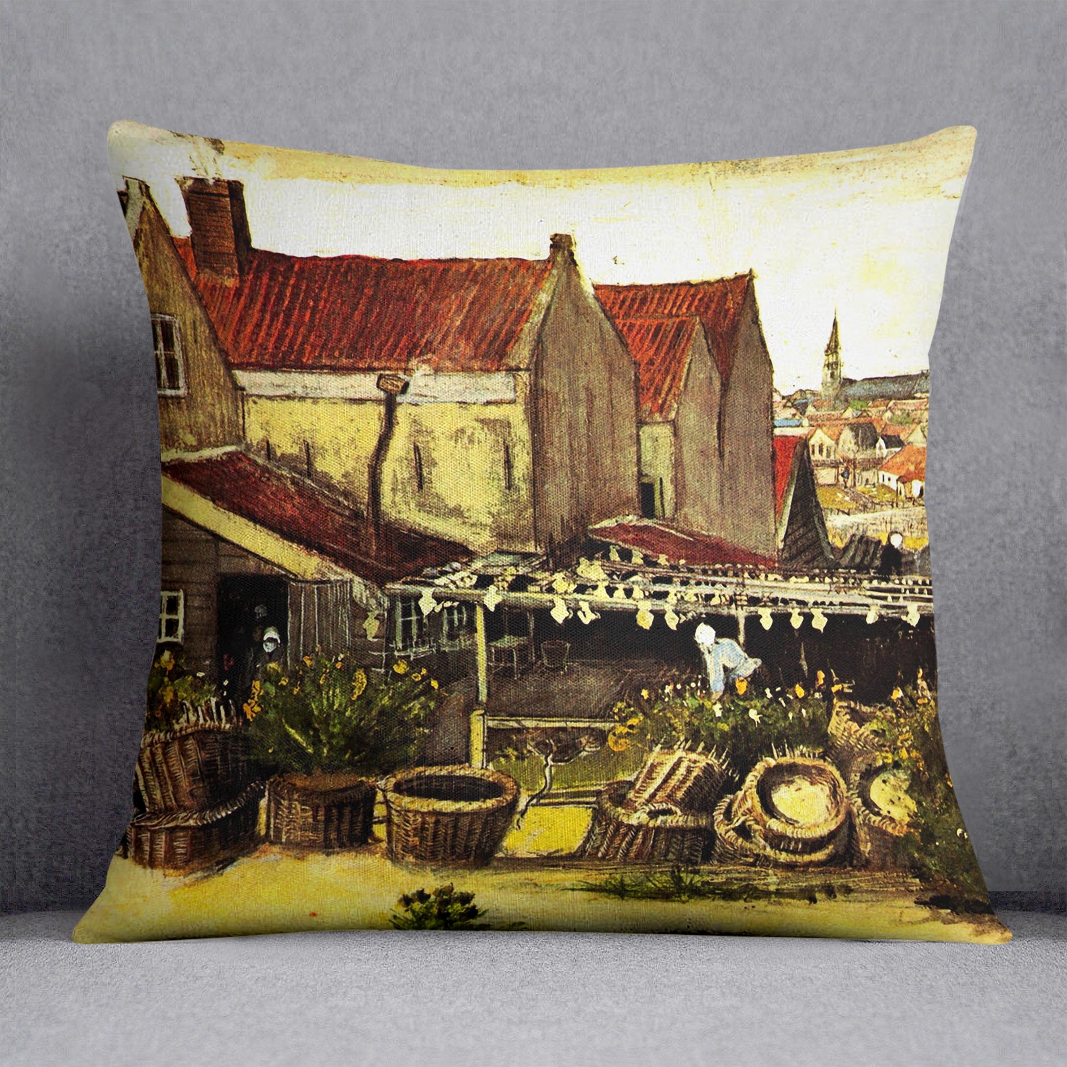Fish-Drying Barn by Van Gogh Cushion featuring vibrant abstract design on luxurious vegan faux suede.