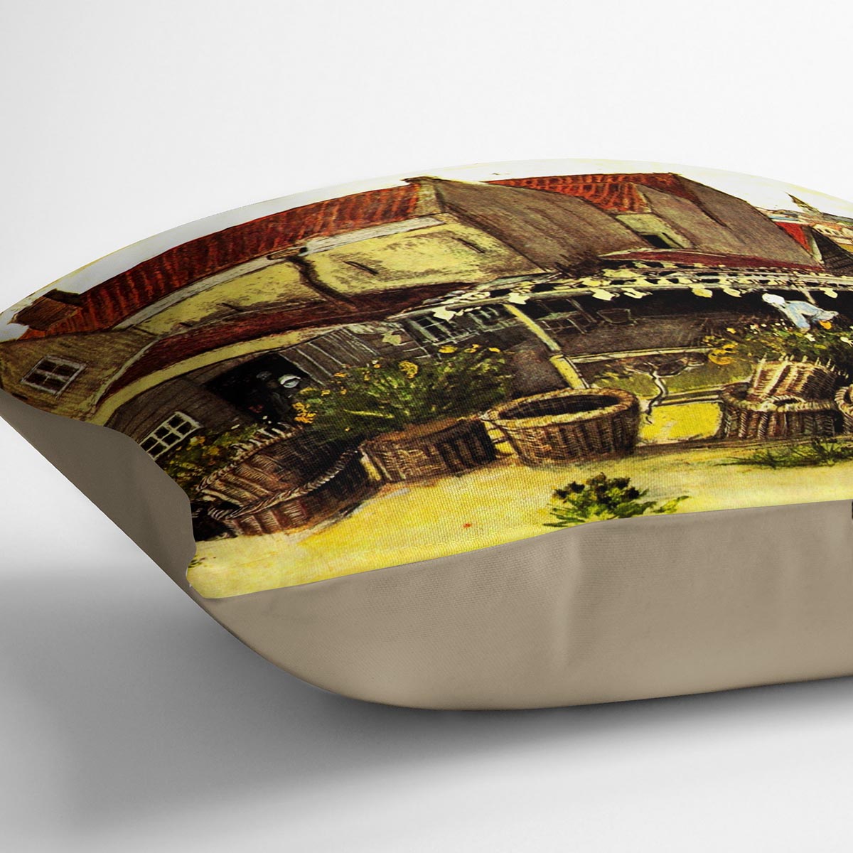 Fish-Drying Barn by Van Gogh Cushion featuring vibrant abstract design on luxurious vegan faux suede.