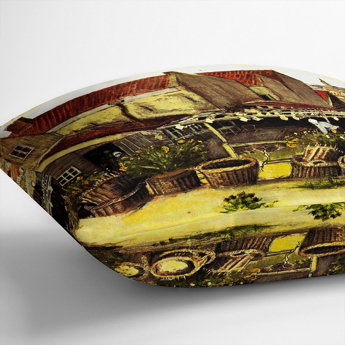 Fish-Drying Barn by Van Gogh Cushion featuring vibrant abstract design on luxurious vegan faux suede.