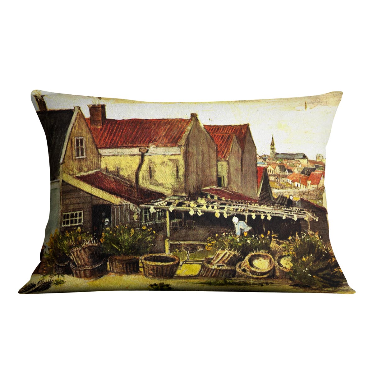 Fish-Drying Barn by Van Gogh Cushion featuring vibrant abstract design on luxurious vegan faux suede.