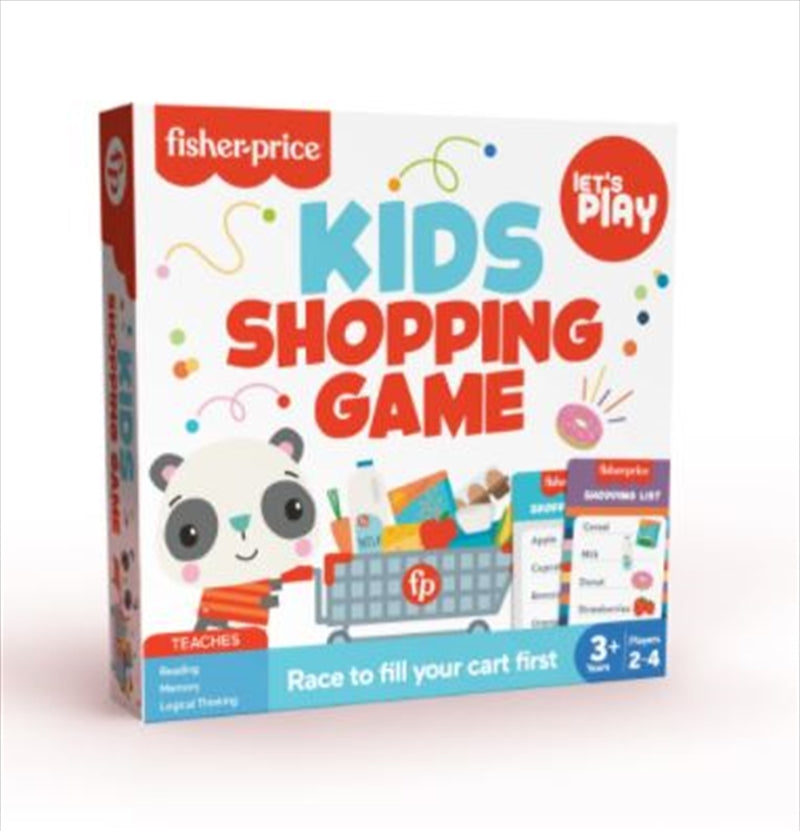 Fisher Price Kids Shopping Game featuring colorful shopping tokens, carts, and lists for children.