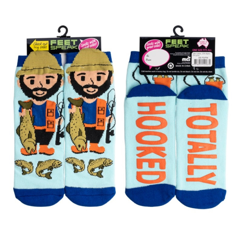Fisherman Feet Speak Socks featuring unique fishing-themed designs in various colors.