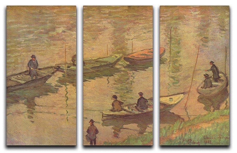 Three-panel canvas art featuring Claude Monet's Fishermen on the Seine, showcasing vibrant colors and intricate details.