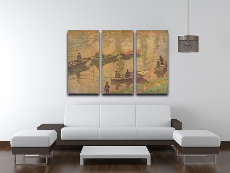 Three-panel canvas art featuring Claude Monet's Fishermen on the Seine, showcasing vibrant colors and intricate details.