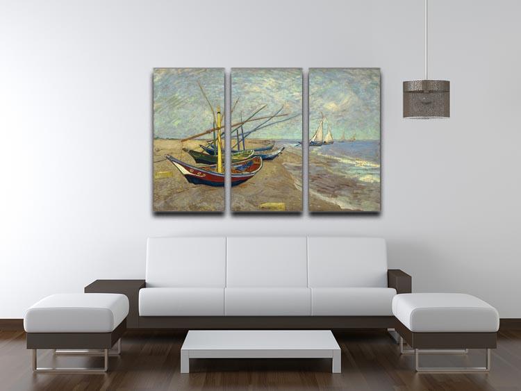 A beautiful 3-panel canvas print featuring fishing boats at Sainte Marie, showcasing vibrant colors and intricate details.