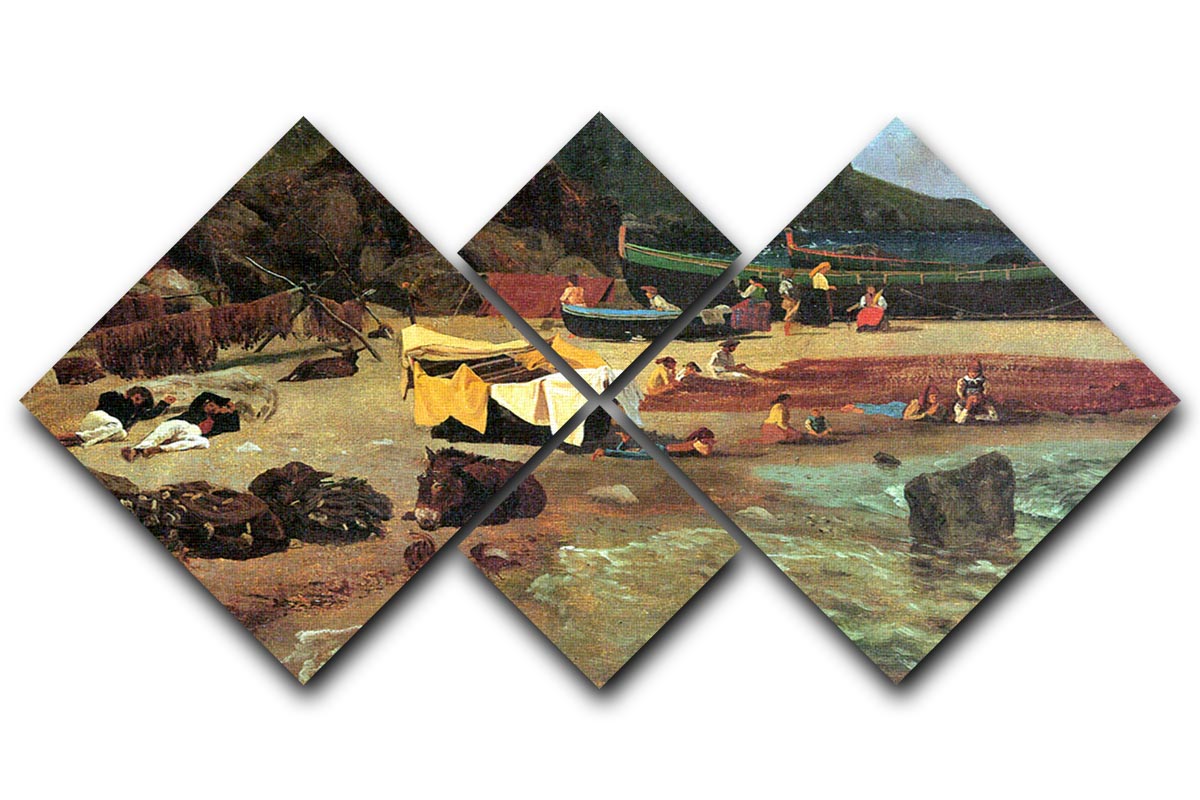 Fishing Boats on Capri artwork displayed as a 4-square multi panel canvas, showcasing vibrant colors and intricate details.