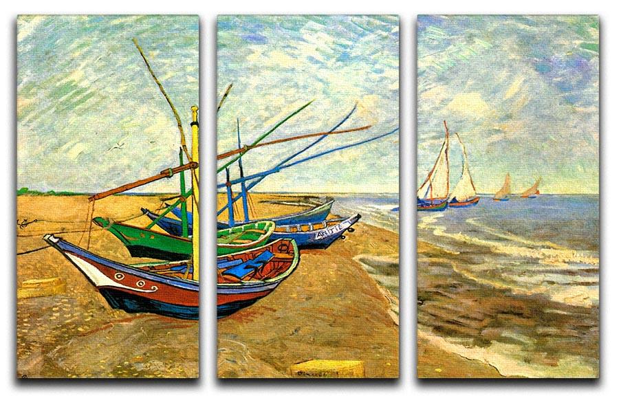 Three-panel canvas art featuring Van Gogh's Fishing Boats on the Beach at Saintes-Maries, showcasing vibrant colors and intricate details.