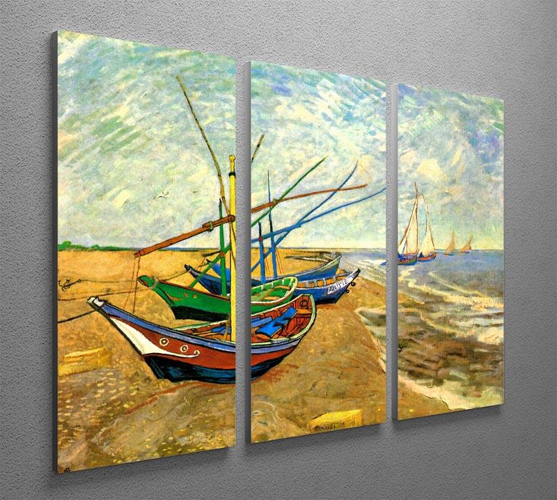 Three-panel canvas art featuring Van Gogh's Fishing Boats on the Beach at Saintes-Maries, showcasing vibrant colors and intricate details.