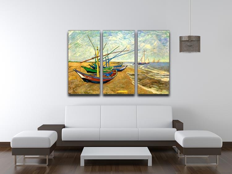 Three-panel canvas art featuring Van Gogh's Fishing Boats on the Beach at Saintes-Maries, showcasing vibrant colors and intricate details.