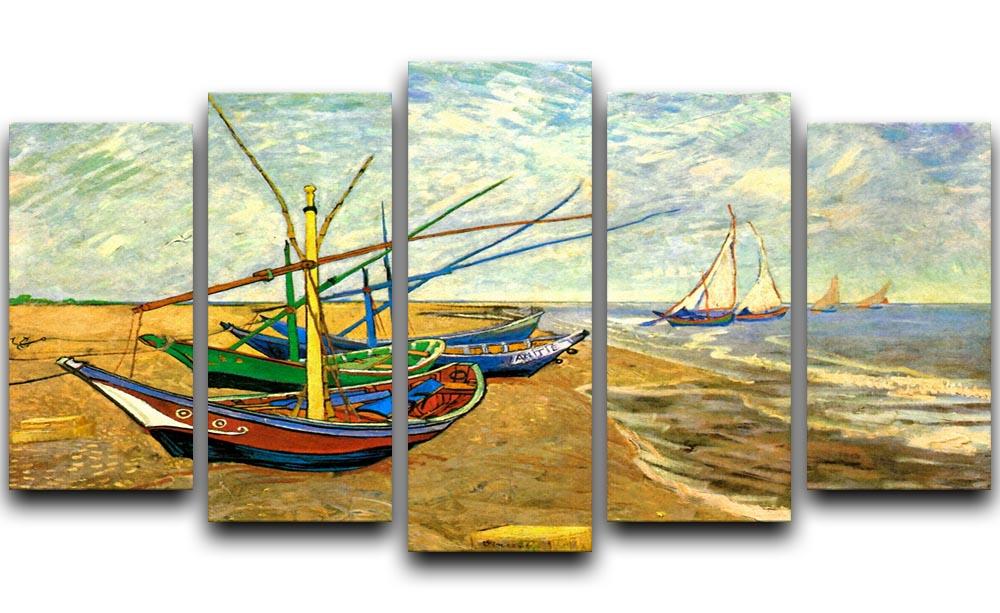 A vibrant 5-split panel artwork featuring Van Gogh's Fishing Boats on the Beach at Saintes-Maries, showcasing dynamic colors and composition.