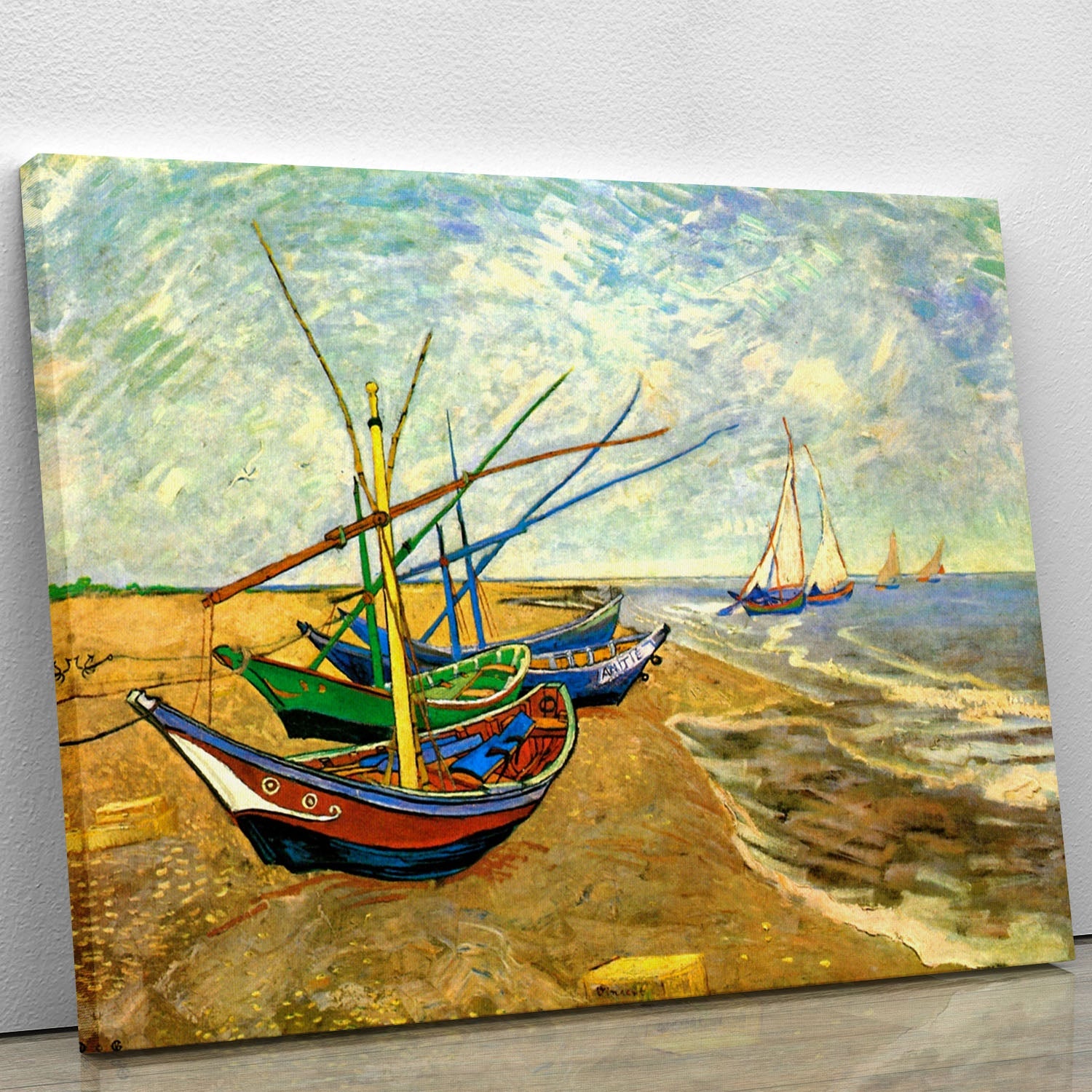 Canvas print of Fishing Boats on the Beach at Saintes-Maries by Van Gogh, showcasing vibrant colors and dynamic brush strokes.