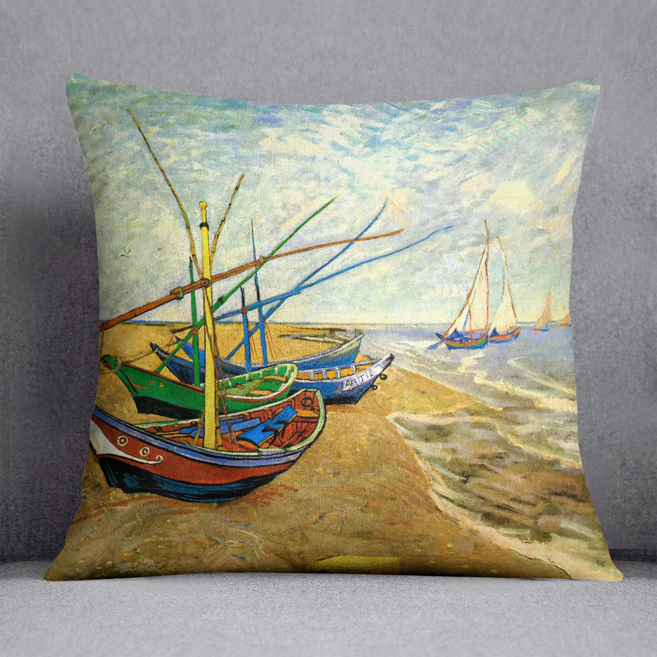 A vibrant cushion featuring Van Gogh's Fishing Boats on the Beach artwork, made from luxurious vegan faux suede.
