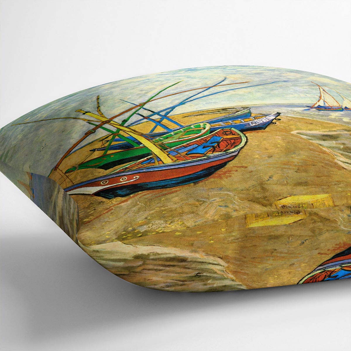 A vibrant cushion featuring Van Gogh's Fishing Boats on the Beach artwork, made from luxurious vegan faux suede.