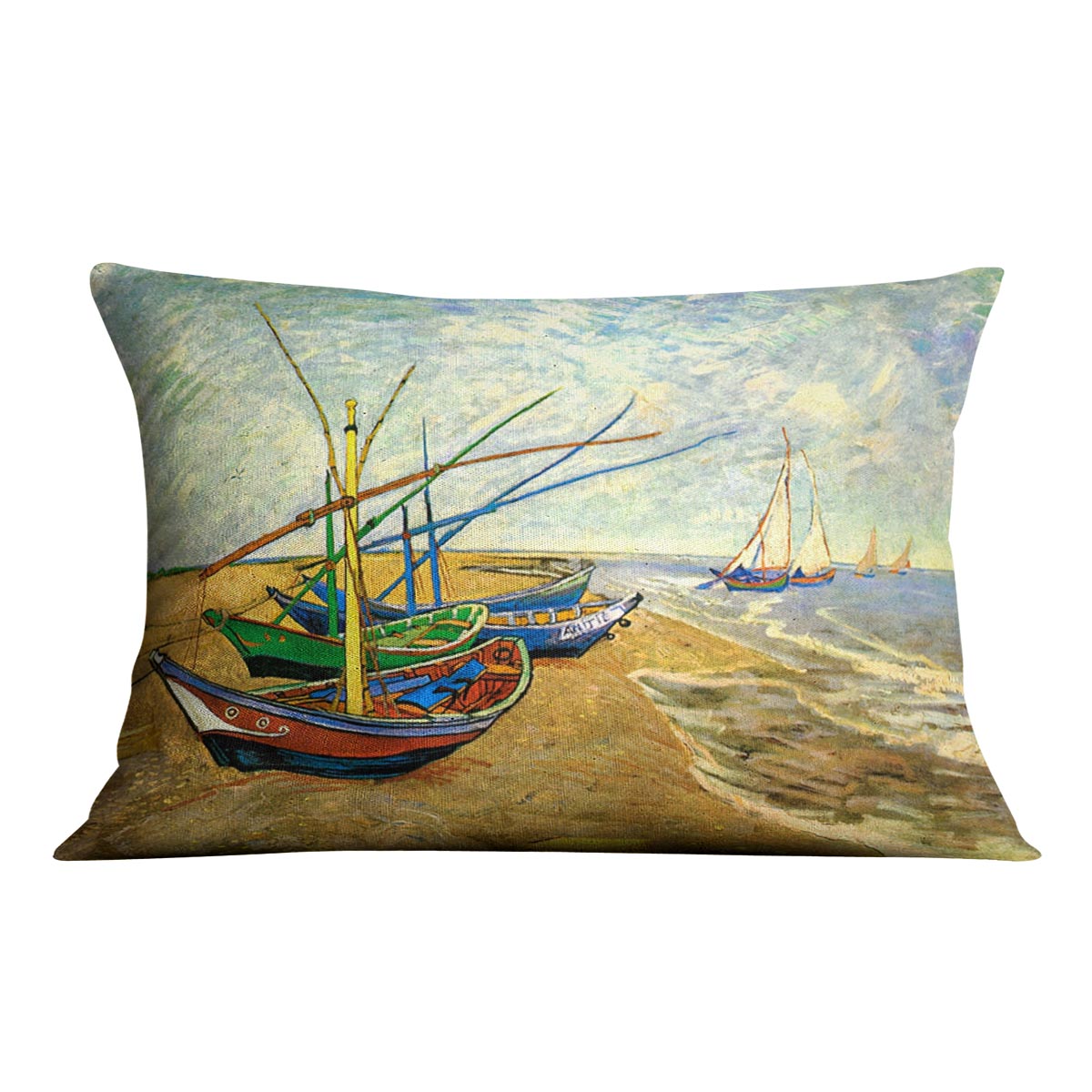 A vibrant cushion featuring Van Gogh's Fishing Boats on the Beach artwork, made from luxurious vegan faux suede.
