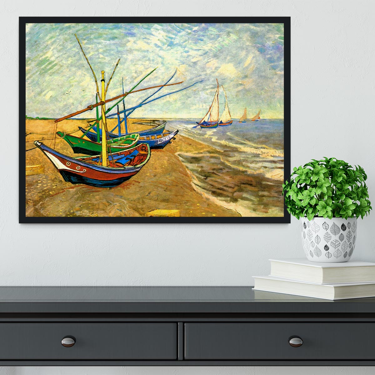 Framed print of Van Gogh's Fishing Boats on the Beach at Saintes-Maries, showcasing vibrant colors and intricate details.