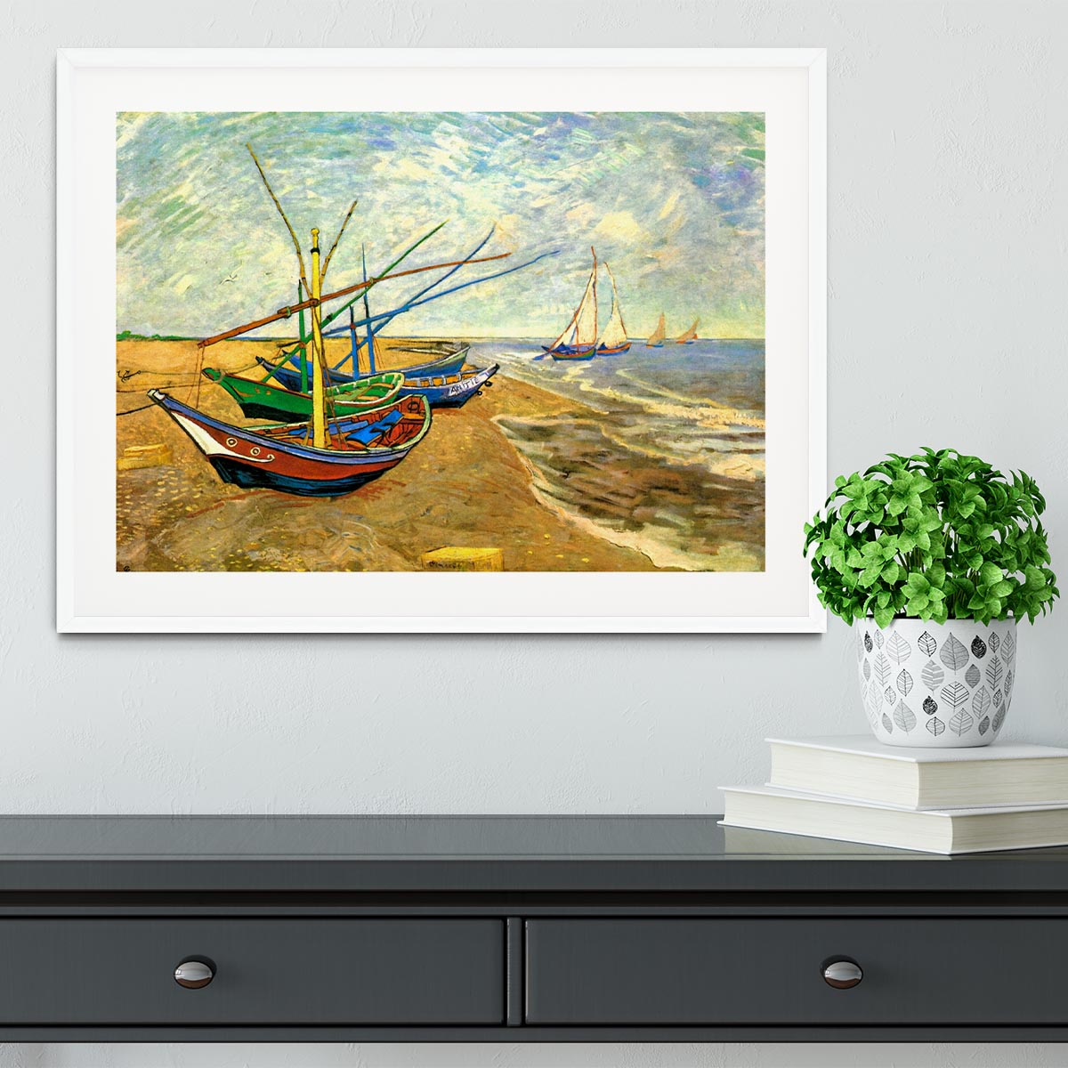 Framed print of Van Gogh's Fishing Boats on the Beach at Saintes-Maries, showcasing vibrant colors and intricate details.