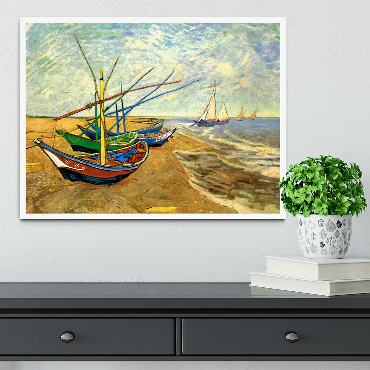 Framed print of Van Gogh's Fishing Boats on the Beach at Saintes-Maries, showcasing vibrant colors and intricate details.