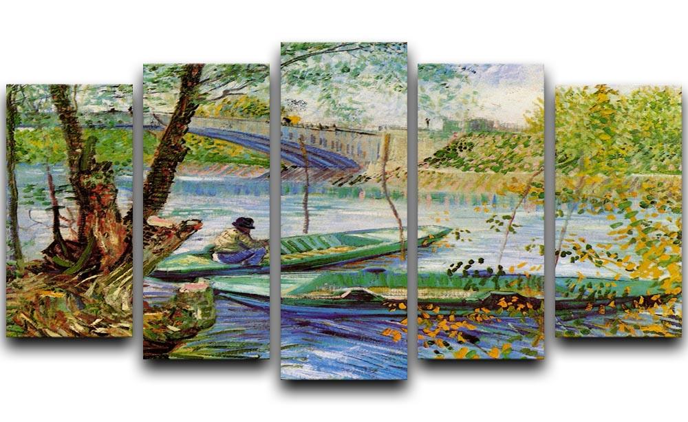 A stunning 5-split canvas artwork of Van Gogh's Fishing in Spring, showcasing vibrant colors and intricate details across five panels.