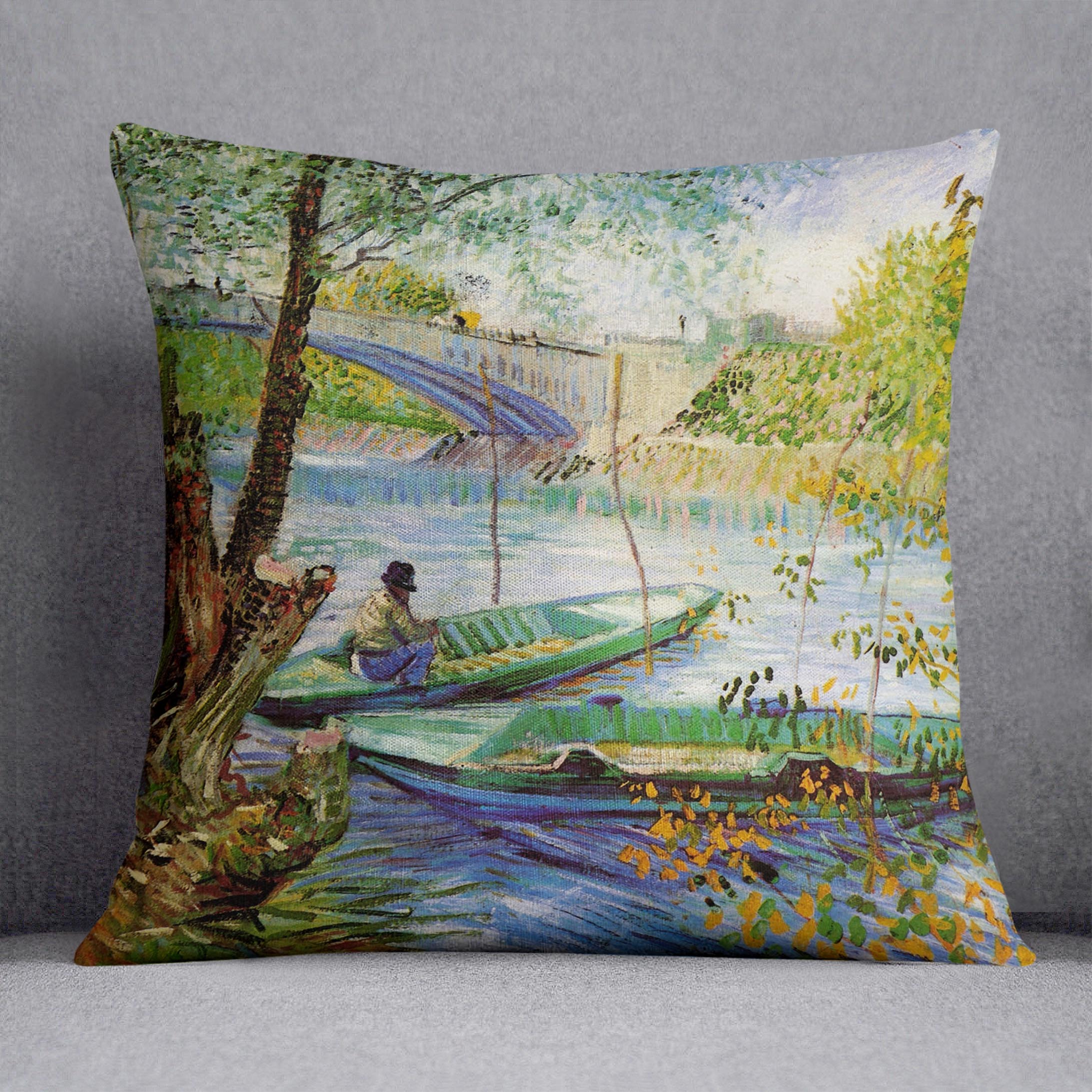 Fishing in Spring by Van Gogh cushion featuring vibrant colors and luxurious vegan faux suede fabric, perfect for home decor.